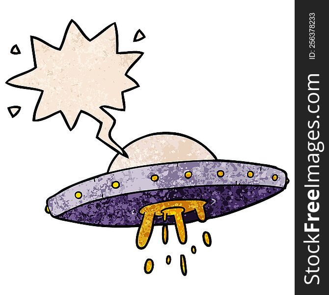 cartoon flying UFO with speech bubble in retro texture style