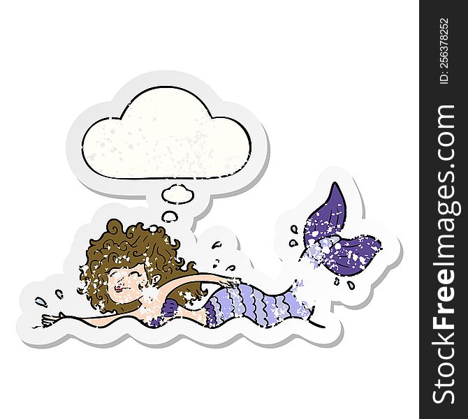 Cartoon Mermaid And Thought Bubble As A Distressed Worn Sticker
