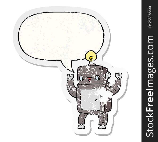 cartoon happy robot with speech bubble distressed distressed old sticker. cartoon happy robot with speech bubble distressed distressed old sticker