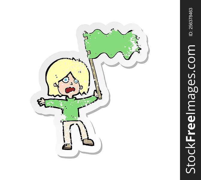 Retro Distressed Sticker Of A Cartoon Woman Waving Green Flag