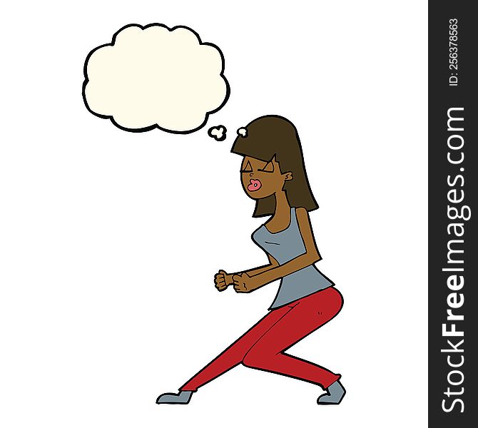 cartoon crazy dancing girl with thought bubble