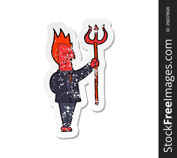 Retro Distressed Sticker Of A Cartoon Devil With Pitchfork