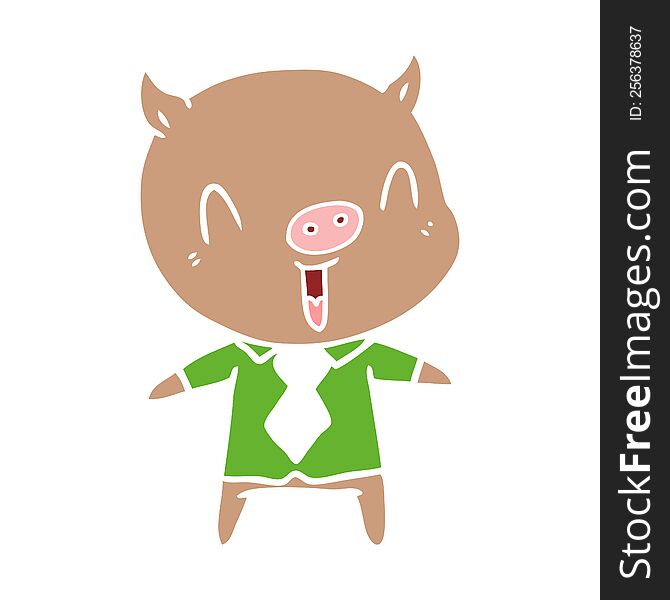 happy flat color style cartoon pig wearing shirt and tie