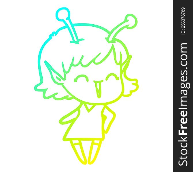 cold gradient line drawing of a cartoon alien girl laughing