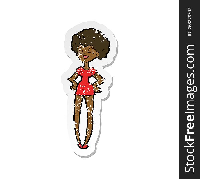 Retro Distressed Sticker Of A Cartoon Happy Woman With Hands On Hips