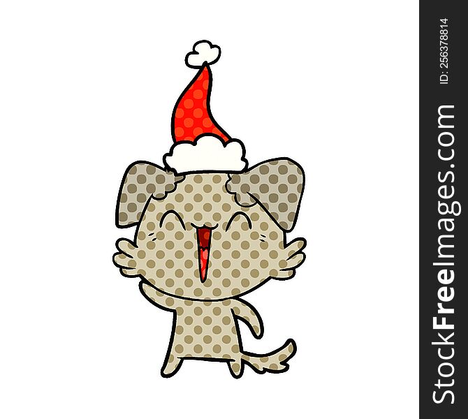 Waving Little Dog Comic Book Style Illustration Of A Wearing Santa Hat