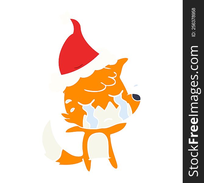 crying fox hand drawn flat color illustration of a wearing santa hat. crying fox hand drawn flat color illustration of a wearing santa hat