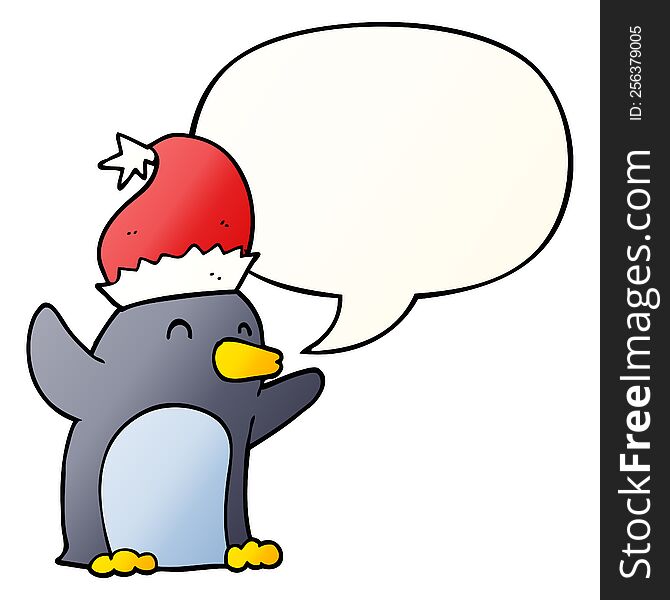 Cute Cartoon Christmas Penguin And Speech Bubble In Smooth Gradient Style