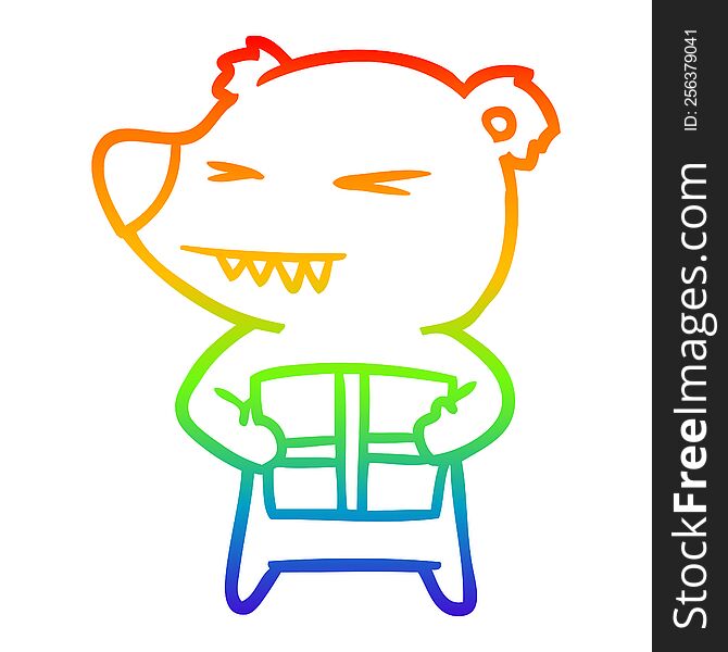 Rainbow Gradient Line Drawing Angry Bear Cartoon With Gift