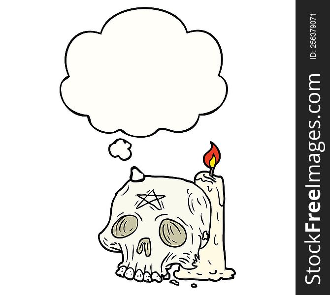 cartoon spooky skull and candle with thought bubble