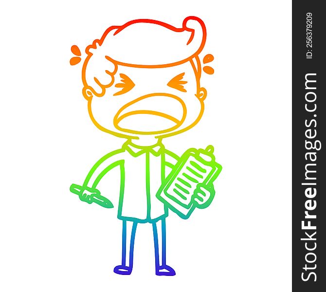 rainbow gradient line drawing of a cartoon shouting salesman