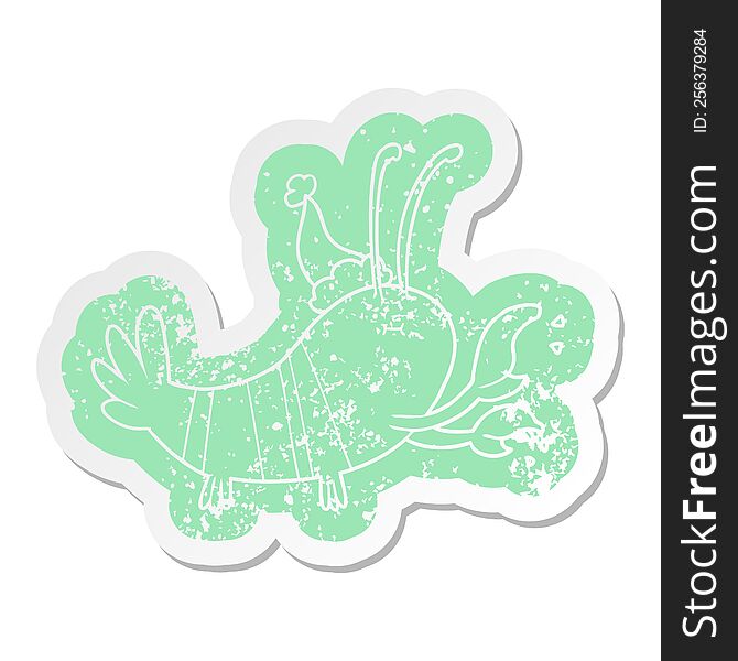 quirky cartoon distressed sticker of a lobster wearing santa hat