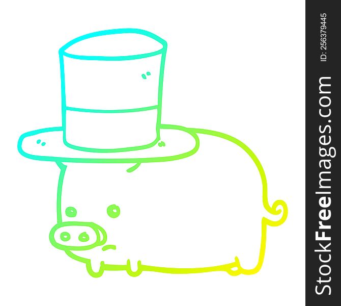 Cold Gradient Line Drawing Cartoon Pig Wearing Top Hat