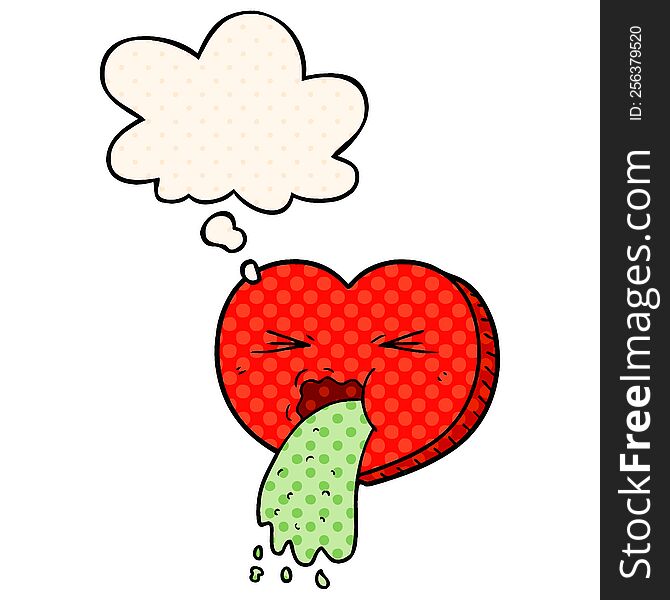 cartoon love sick heart with thought bubble in comic book style