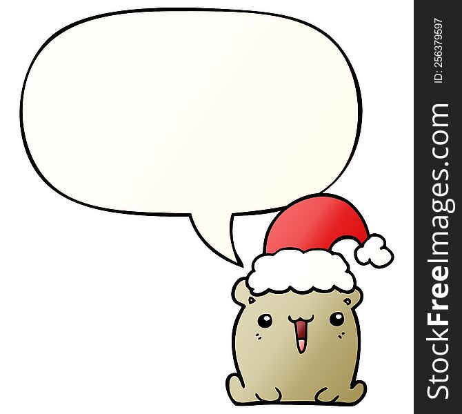 Cute Cartoon Bear And Christmas Hat And Speech Bubble In Smooth Gradient Style