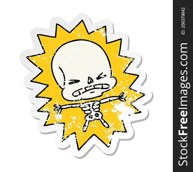 freehand drawn distressed sticker cartoon of a scary skeleton