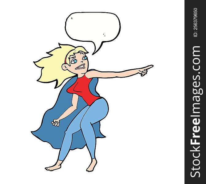 cartoon superhero woman pointing with speech bubble