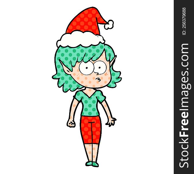 hand drawn comic book style illustration of a elf girl staring wearing santa hat