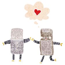 Cartoon Robots In Love And Thought Bubble In Retro Textured Style Royalty Free Stock Images