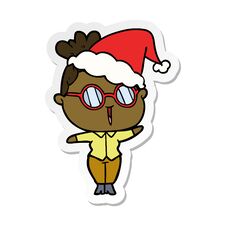Sticker Cartoon Of A Woman Wearing Spectacles Wearing Santa Hat Stock Image
