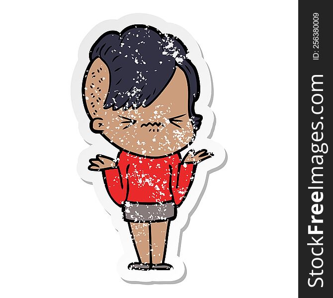 Distressed Sticker Of A Cartoon Annoyed Hipster Girl