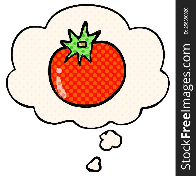 cartoon tomato with thought bubble in comic book style