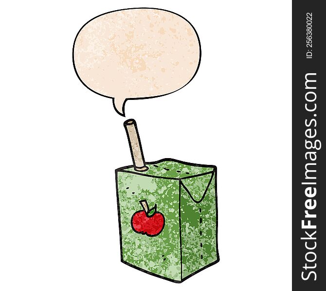 cartoon apple juice box with speech bubble in retro texture style