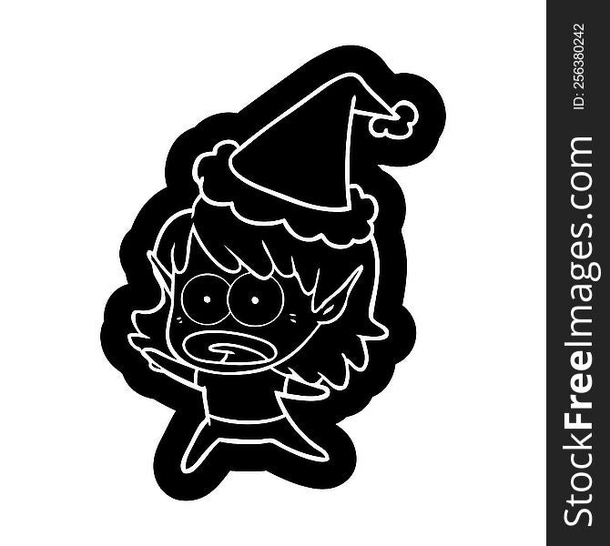 quirky cartoon icon of a shocked elf girl wearing santa hat