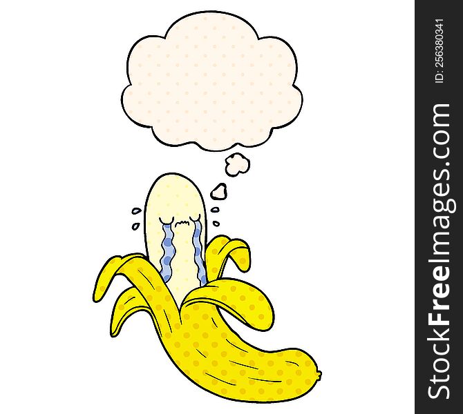 cartoon crying banana with thought bubble in comic book style