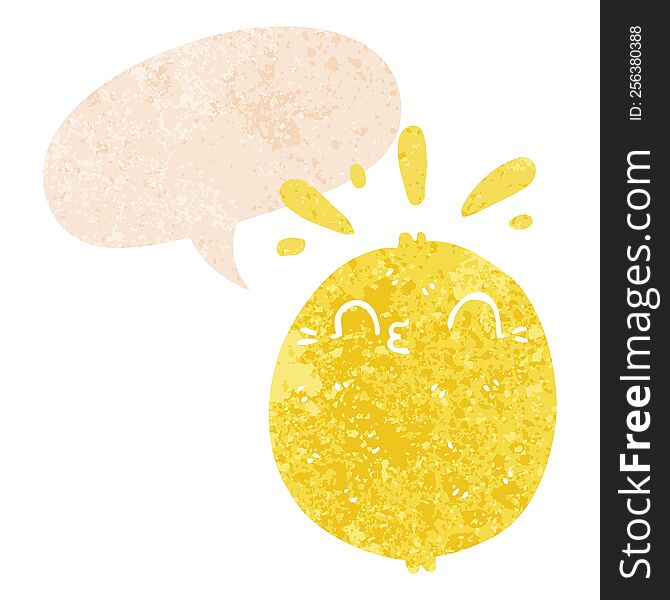 Cute Cartoon Lemon And Speech Bubble In Retro Textured Style