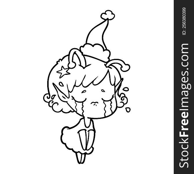hand drawn line drawing of a crying alien girl wearing santa hat