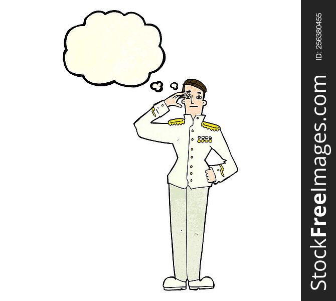 cartoon military man in dress uniform with thought bubble