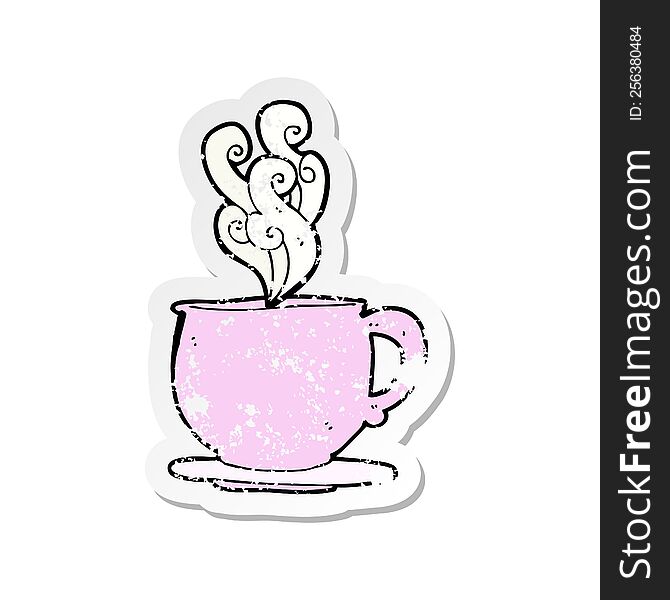 Retro Distressed Sticker Of A Cartoon Teacup With Sugar Cubes