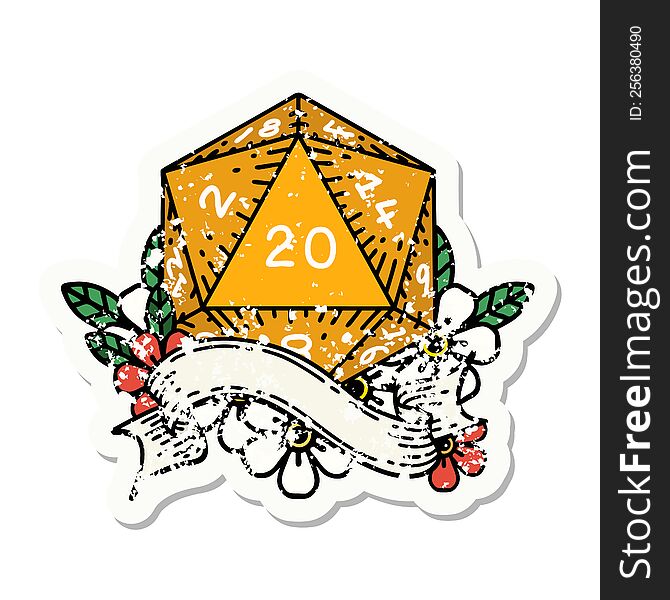 grunge sticker of a natural twenty D20 dice roll. grunge sticker of a natural twenty D20 dice roll