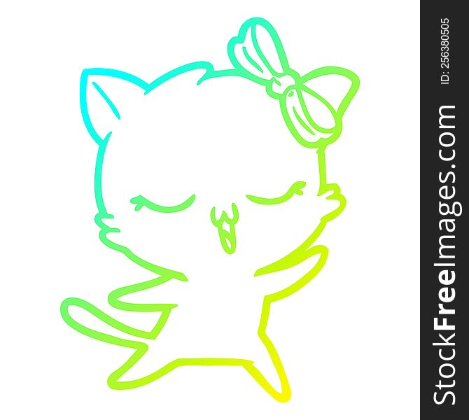 Cold Gradient Line Drawing Cartoon Dancing Cat With Bow On Head