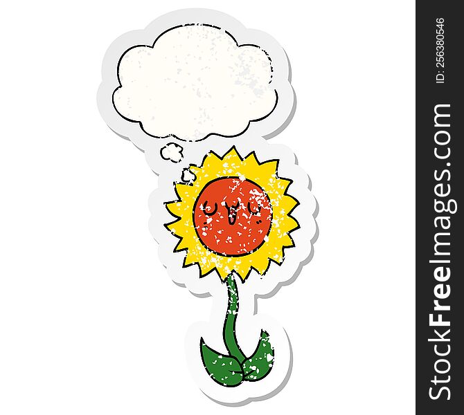 Cartoon Flower And Thought Bubble As A Distressed Worn Sticker