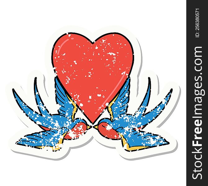 distressed sticker tattoo in traditional style of swallows and a heart. distressed sticker tattoo in traditional style of swallows and a heart