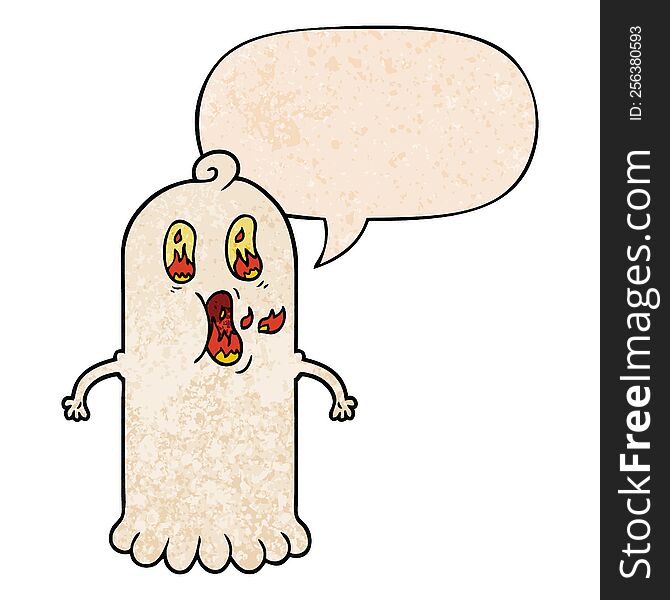 cartoon ghost with flaming eyes with speech bubble in retro texture style. cartoon ghost with flaming eyes with speech bubble in retro texture style