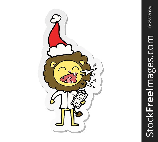 hand drawn sticker cartoon of a roaring lion doctor wearing santa hat