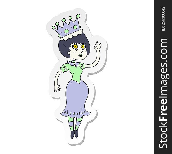 sticker of a cartoon vampire queen waving