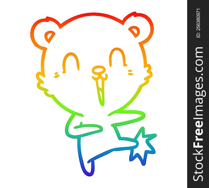 rainbow gradient line drawing of a happy cartoon polar bear kicking