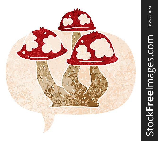 cartoon mushrooms with speech bubble in grunge distressed retro textured style. cartoon mushrooms with speech bubble in grunge distressed retro textured style
