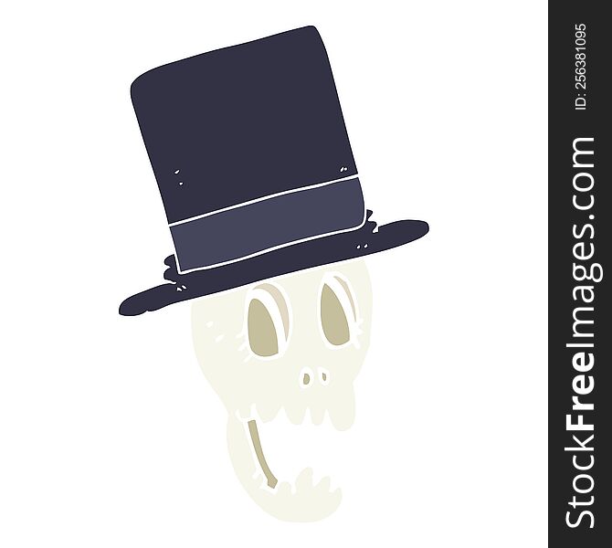 Flat Color Illustration Of A Cartoon Skull Wearing Top Hat