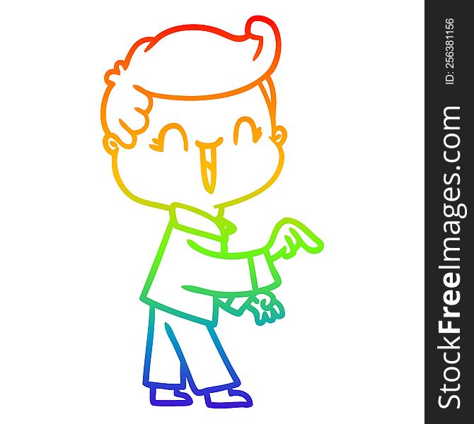 rainbow gradient line drawing of a cartoon laughing boy pointing