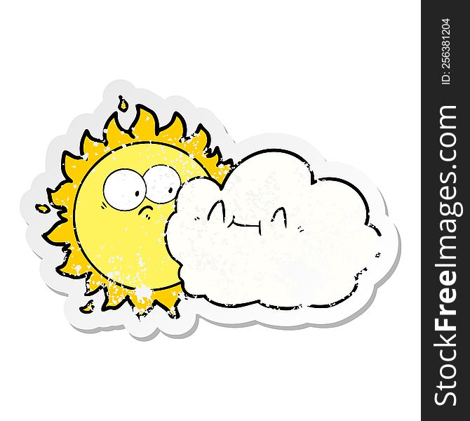 distressed sticker of a cute cartoon cloud and sun