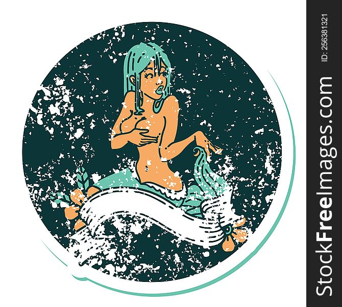 Distressed Sticker Tattoo Style Icon Of A Pinup Mermaid With Banner