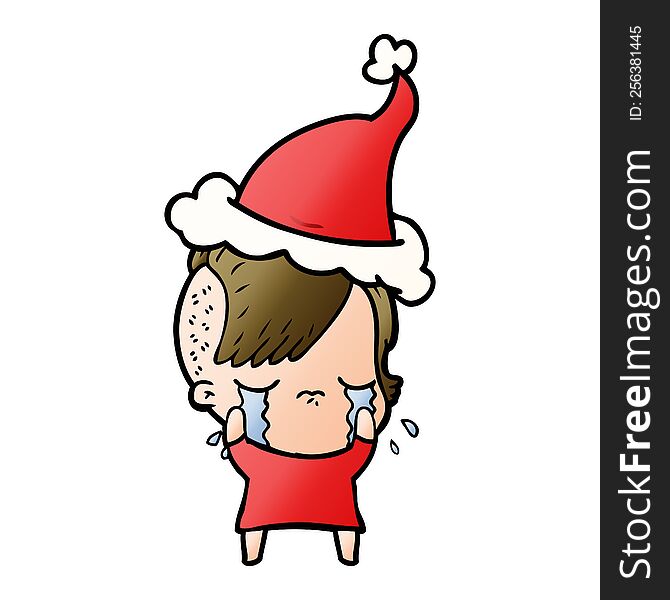hand drawn gradient cartoon of a crying girl wearing santa hat