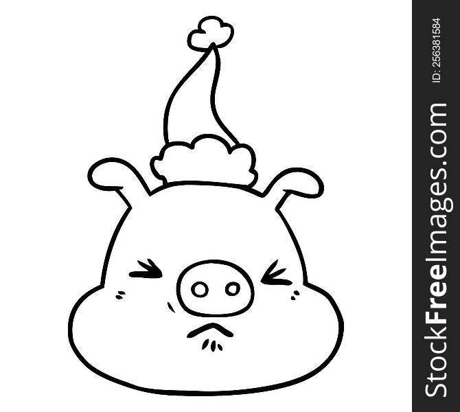 Line Drawing Of A Angry Pig Face Wearing Santa Hat