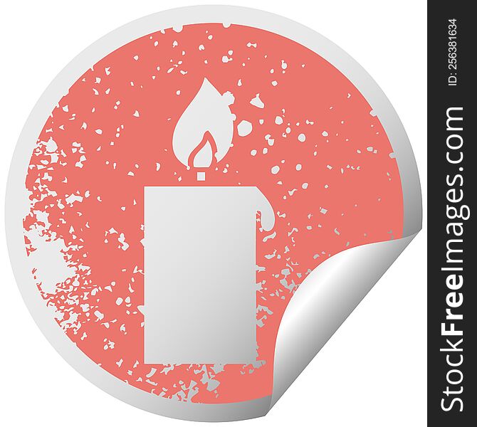distressed circular peeling sticker symbol of a lit candle