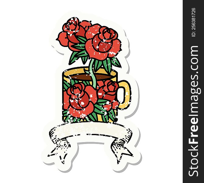 worn old sticker with banner of a cup and flowers. worn old sticker with banner of a cup and flowers